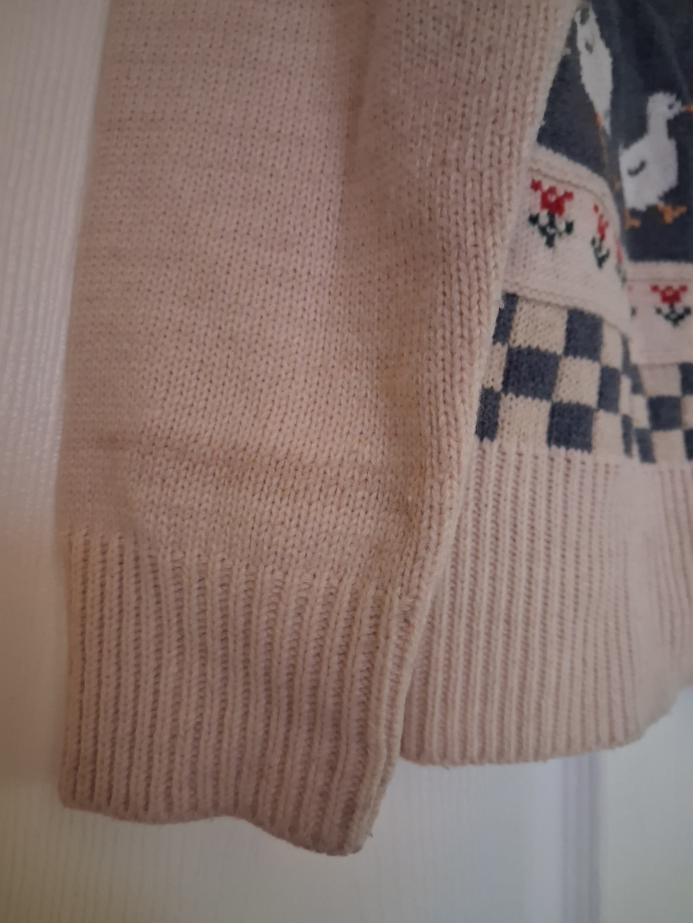 Cozy Cream & Blue Novelty Cardigan Sweater with Apples, Ducks, Chickens - Picture 3 of 4